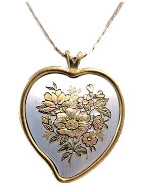 Vintage Reed & Barton Damascene Floral Heart Shaped Pendant Necklace